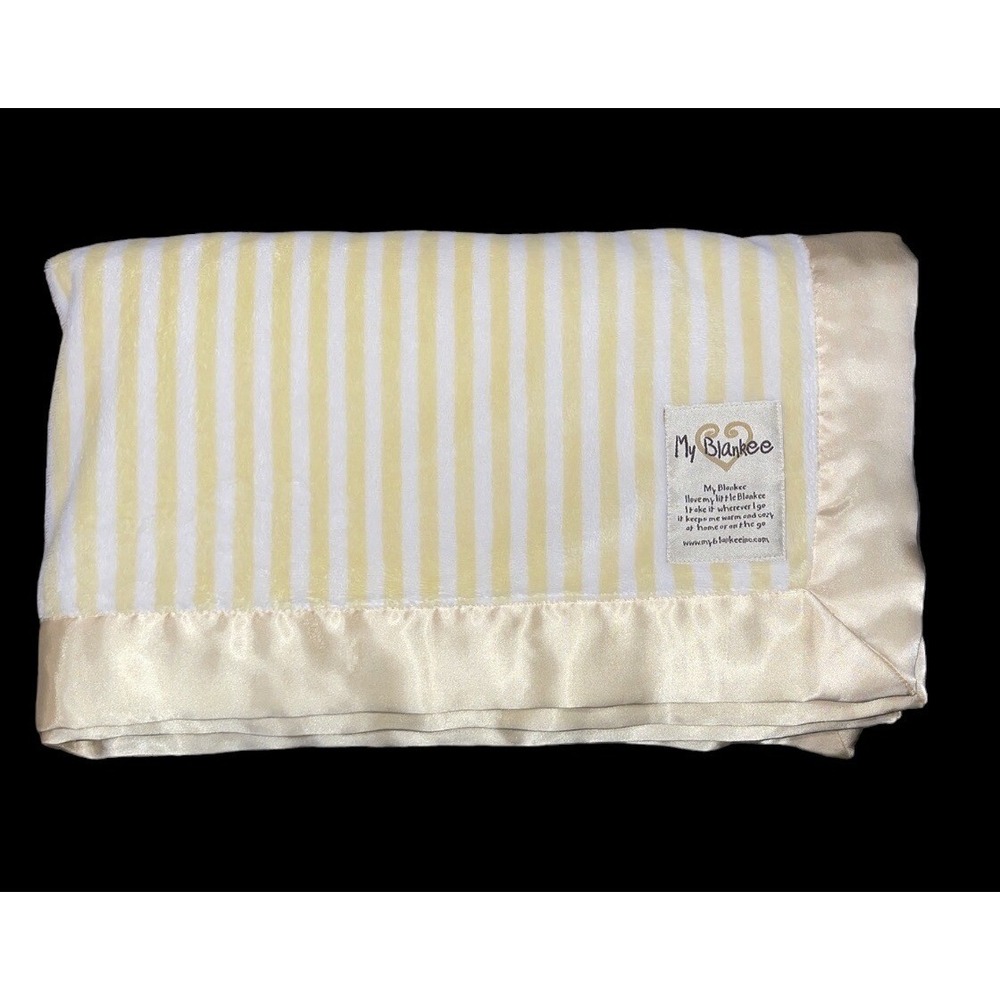 My Blankee White yellow Stripe Baby Stroller Blanket Silky Satin Edge Lovey USA
